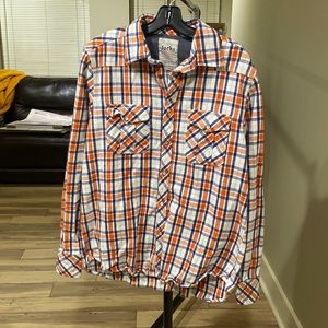 Men’s Jachs Flannel Pearl Snap Shirt / Size XL / Orange, Blue, & White Plaid